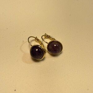 Gold Leverback Earrings with Purple Cabochon Stones